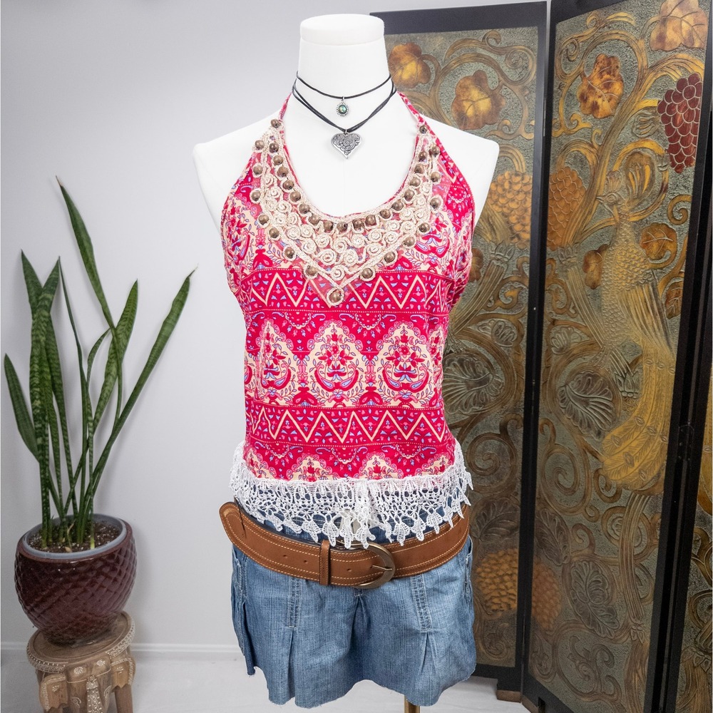 Handmade‎ Pink Embroidered Halter Top - Crochet Lace Trim Y2K Boho - Small